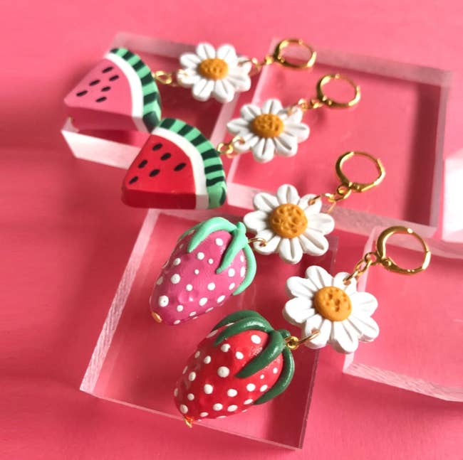 pink watermelon earring, red watermelon earring, pink strawberry earring, and red strawberry earring