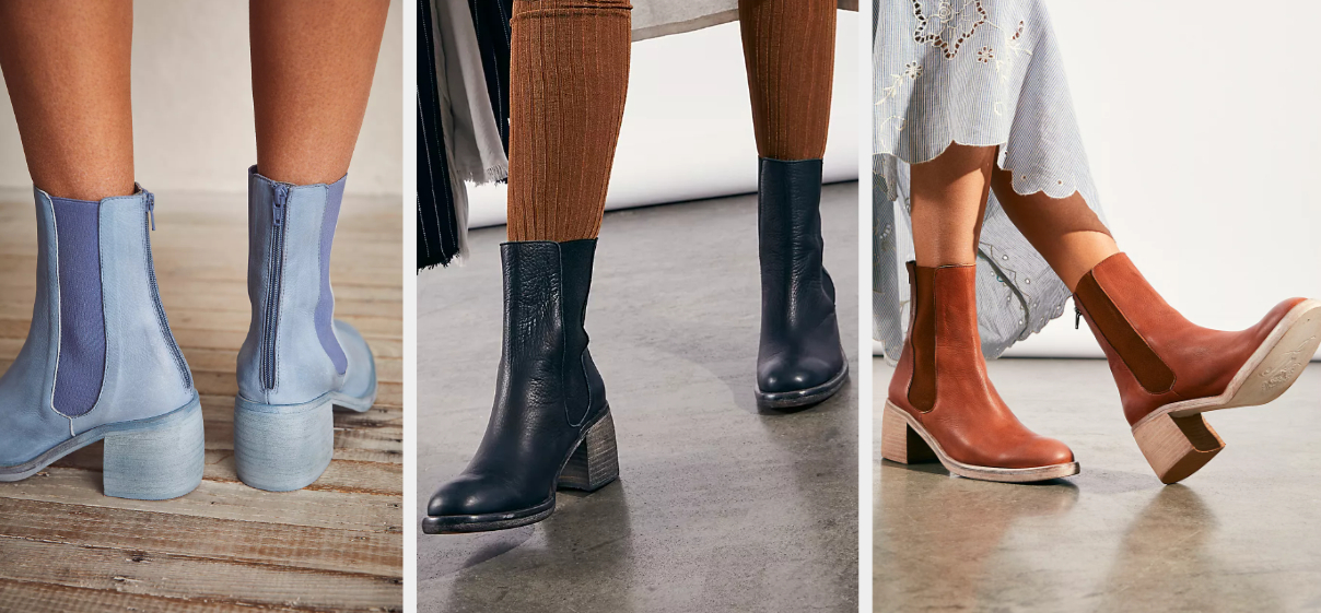 Three images of models wearing blue, black, and brown boots