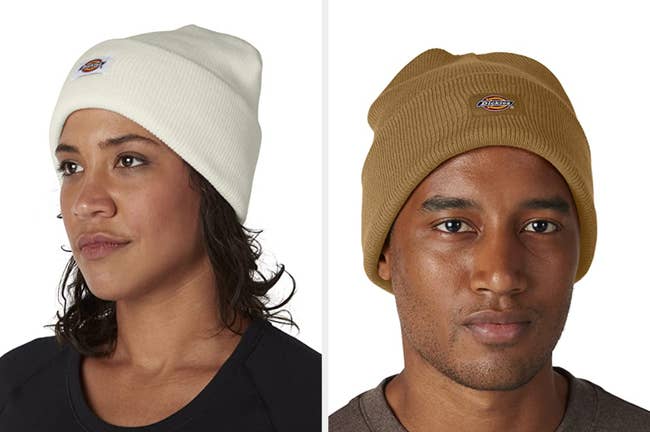 Model showing side profile of white beanie with Dickies logo on the front and a scoop neck black shirt, model showing front-view of product in brown on a white background