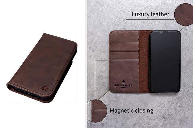 Dark brown leather phone case with a spade engraved in the bottom corner, interior view of product with three card slots and a magnetic closure