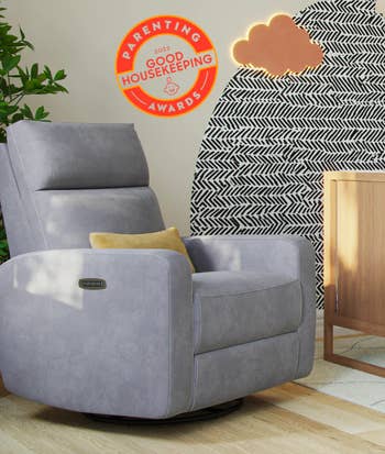 glider chair in gray in nursery with good housekeeping award stamp