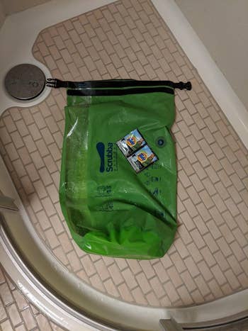 Reviewer photo of the Scrubba on the shower floor