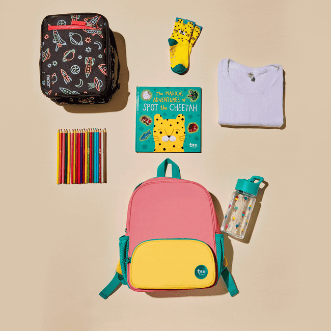 GIF of school supplies going into pink, yellow, and teal backpack