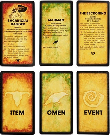 six cards that describe what an item card, omen card, and event card do in the game