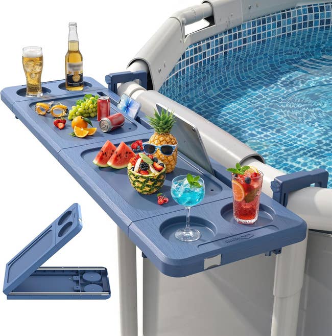Poolside array attached to an above-ground pool, holding drinks and snacks. Perfect for enhancing poolside relaxation and refreshments
