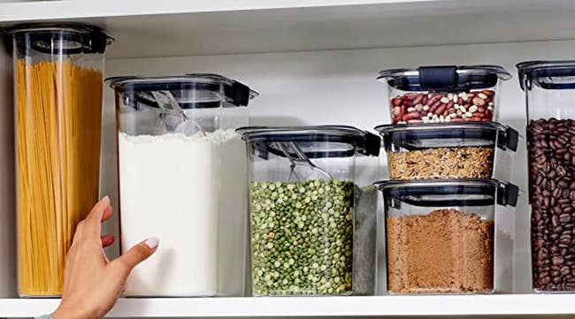 A model's hand reaching for a container in a pantry full of seven different size variations of these containers