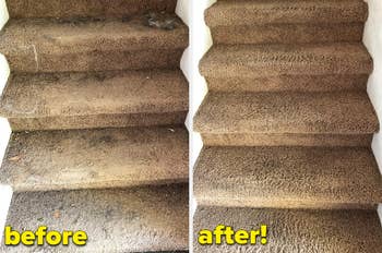 reviewer's before photo of carpeted stairs covered in hair and debris, then after using the broom looking completely clean