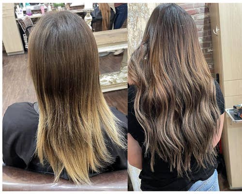 reviewers hair before and after adding clip-in hair extensions