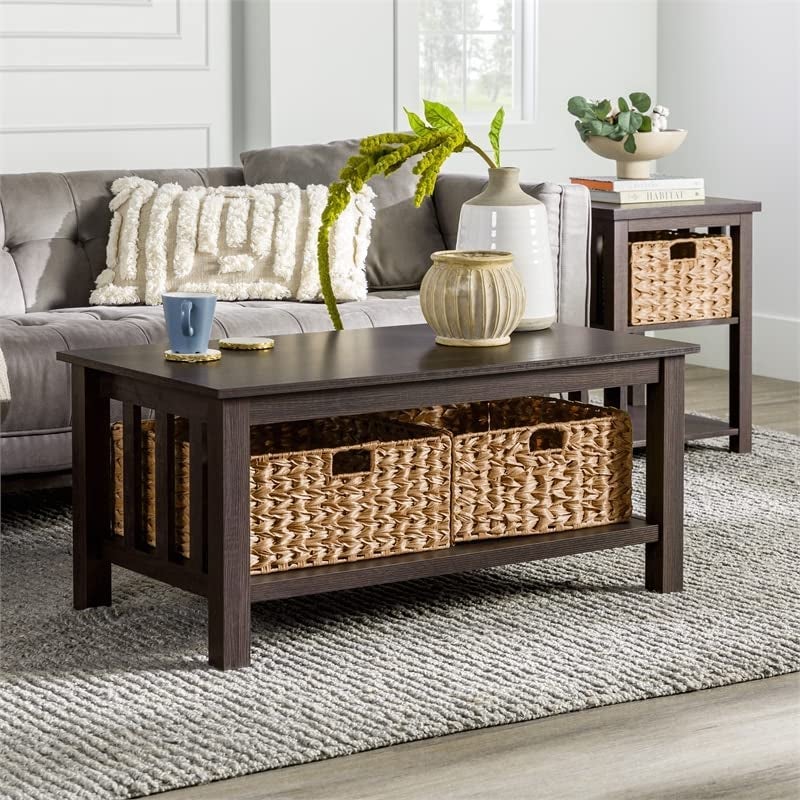 lifestyle photo of coffee table with rattan tables underneath on storage shelf