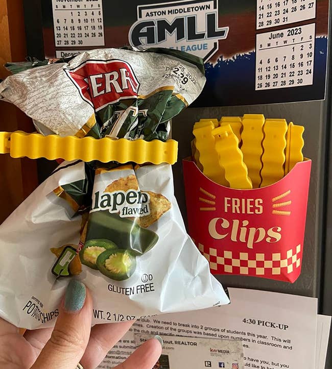 reviewer holding a chip bag clipped by a plastic french fry next to a magnetized french fry holder with the other clips inside of it 