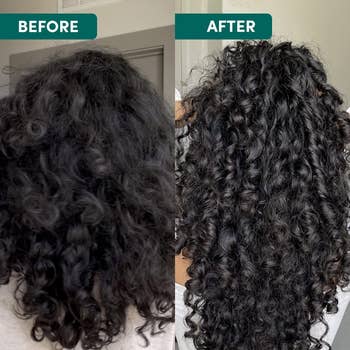 Before of reviewer with dark curly hair that looks dry and frizzy and after with shiny hair