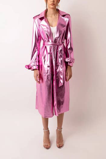 model in pink metallic trench coat