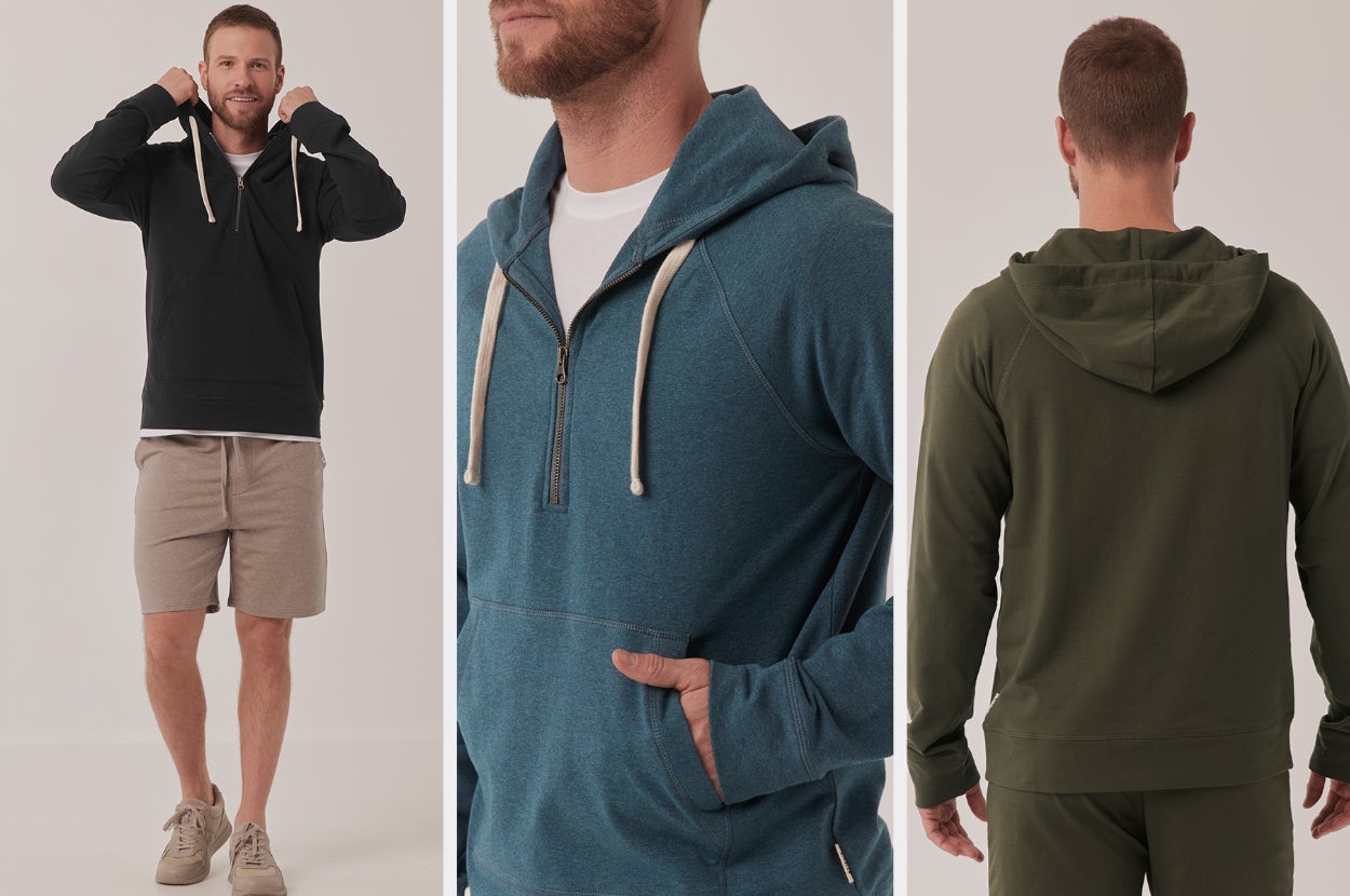 Triptych image of half-zip hoodie on model in a variety of colors