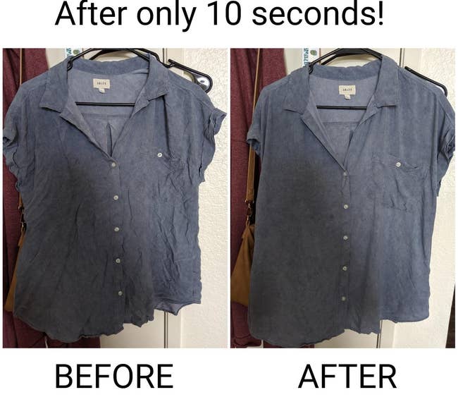 a before and after of a reviewer's blue shirt