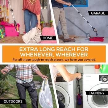 Four images showing the reach of a grabber tool in various places: picking toys at home, sweeping in the garage, picking trash outdoors, and doing laundry
