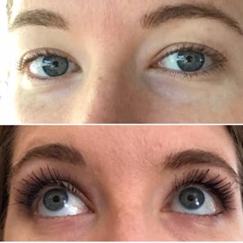 reviewer before and after photos showing their lashes without the primer and mascara, and then their lashes looking nice and full with the primer and mascara