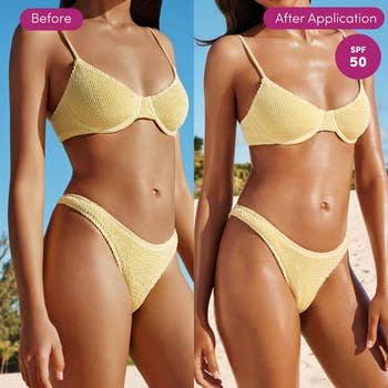 Side-by-side representation of a exemplary successful a swimsuit, showing earlier and aft applying SPF 50 product, with smoother tegument appearance