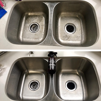 a before and after photo of a reviewer's sink