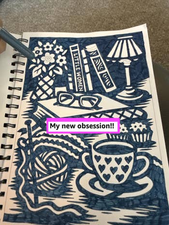 books, flowers, glasses, lamp, cupcakes, yarn, tea, with a pinkish statement saying,