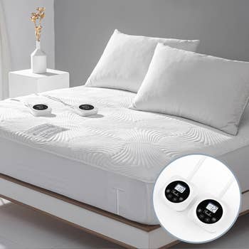Mattress with a wavy pattern, 2  achromatic  pillows, and 2  somesthesia  power  units connected  top. Inset shows close-up of the power  units