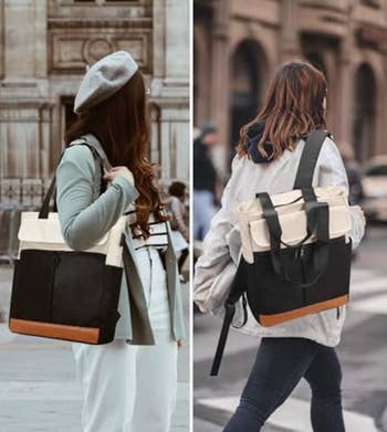models carrying a bag first as a messenger bag and then as a backpack 