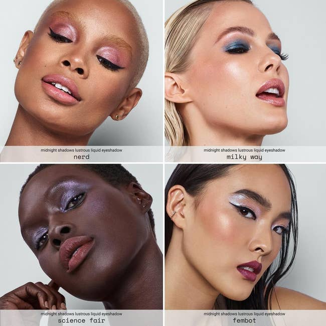 Four models showcase Midnight Shadows Lustrous Liquid Eyeshadow in Nerd, Milky Way, Science Fair, and Fembot shades for a shopping article