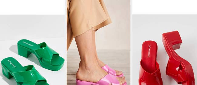 Three images of green, pink, and red sandals