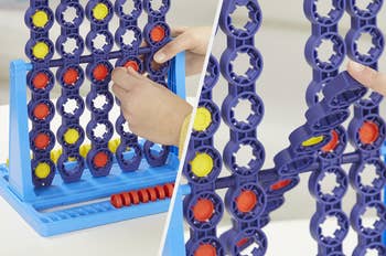 Split image of game details with blue spinning frames holding red and yellow checkers