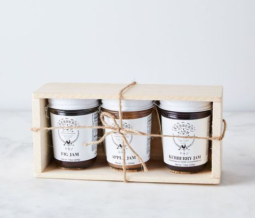 the wooden box of three jars of jam with twine tied around it