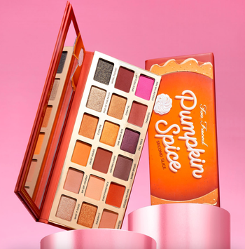 the pumpkin spice eyeshadow palette with red, yellow, orange, and other autumnal shades
