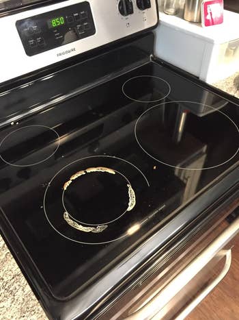 on left: burnt-on residue on glass cooktop
