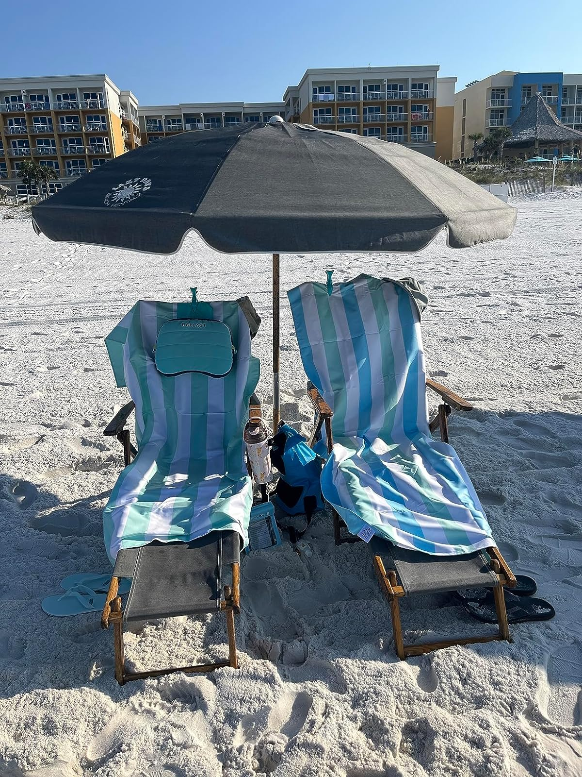 blue inflatable pillow strapped onto chair
