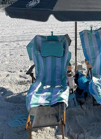 blue inflatable pillow strapped onto chair