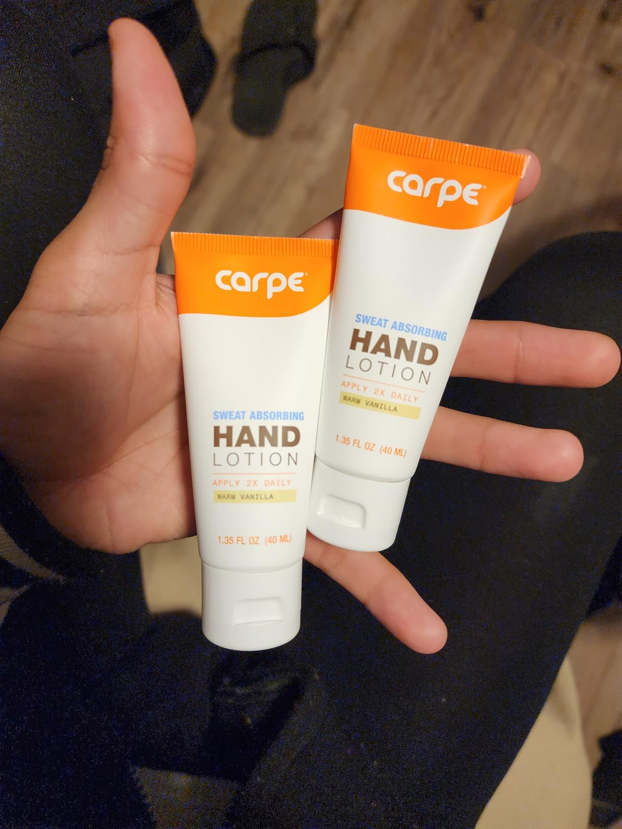 Two tubes of Carpe sweat-absorbing manus  lotion, each   1.35 fl oz, marked with 