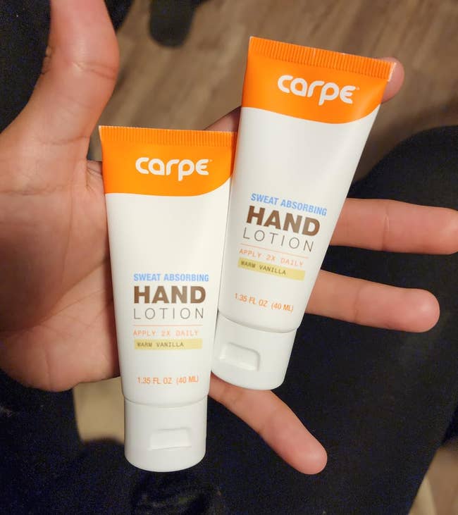Two tubes of Carpe sweat-absorbing manus lotion, each 1.35 fl oz, marked with