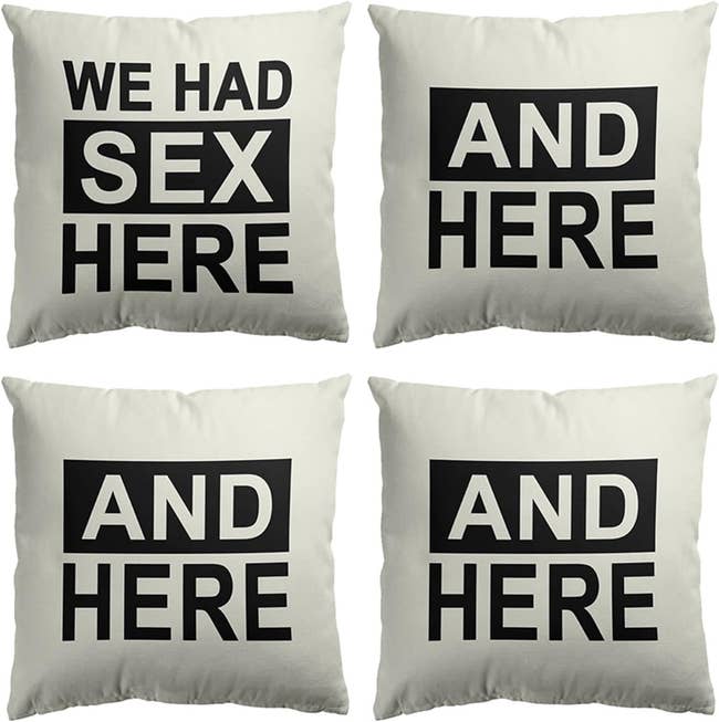 Four novelty pillows with text indicating different places where sexual activities occurred