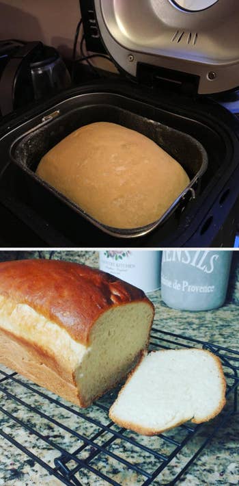 a reviewer shows dough in the bread maker and then a finished loaf