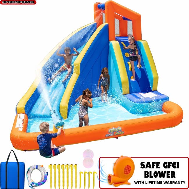 Children play connected an inflatable h2o descent with a climbing wall, 2 lanes, and a splash area. Includes accessories and a harmless GFCI blower warranty