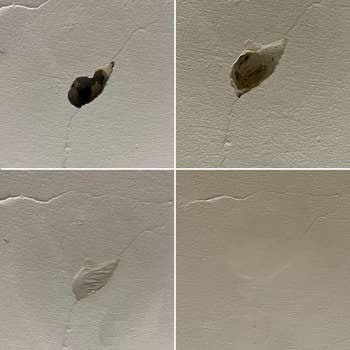 Reviewer progress photos of a deep hole in the wall getting filled with the putty
