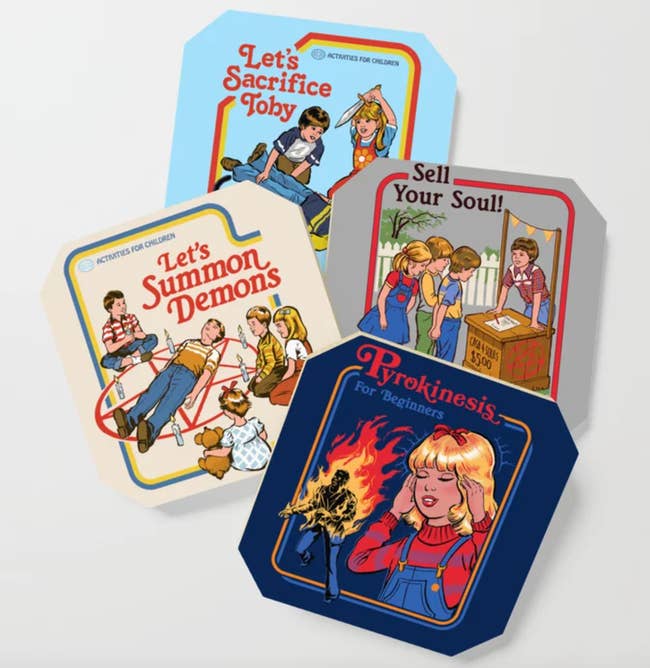 four different sinister '70s art coasters