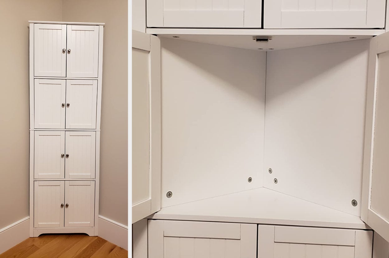 Reviewer image of narrow white corner cabinet and interior of shelf