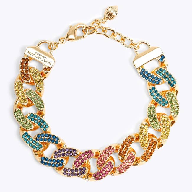 the gold tone and rainbow crystal covered bracelet