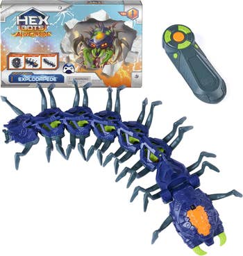 Toy acceptable featuring a robotic centipede with distant control, packaging shows carnal breaking done a wall
