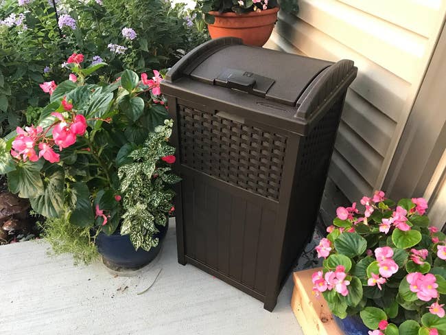 A brown garden waste bin situated between potted flowering plants