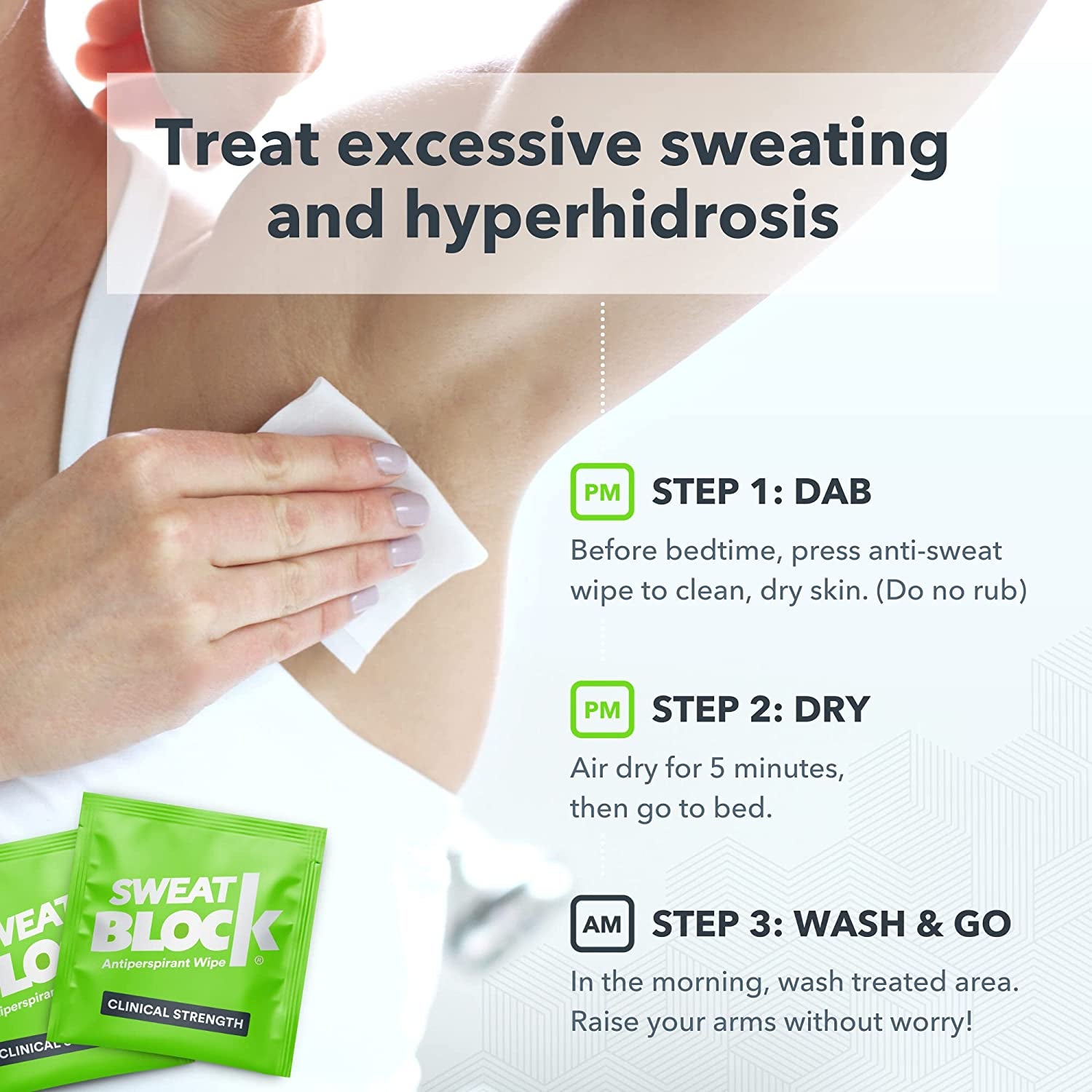 Model using the Sweat Block wipes under their arm pit