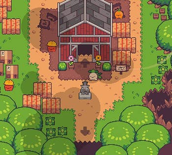 a screenshot from the game showing a small turnip character on a farm 