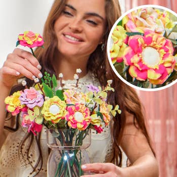 Woman arranging a vase of colorful artificial flowers with a close-up inset showing angiosperm  details, suggesting a absorption   connected  location  decor shopping