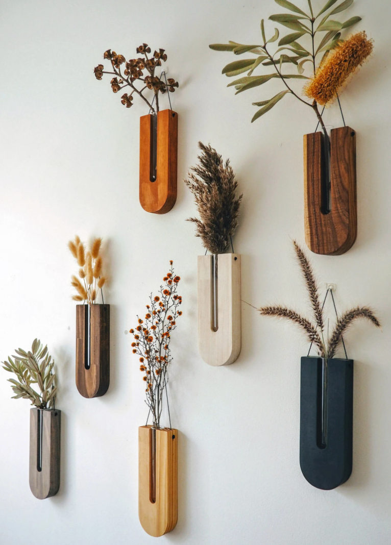 wooden propagation vases on wall in different colors