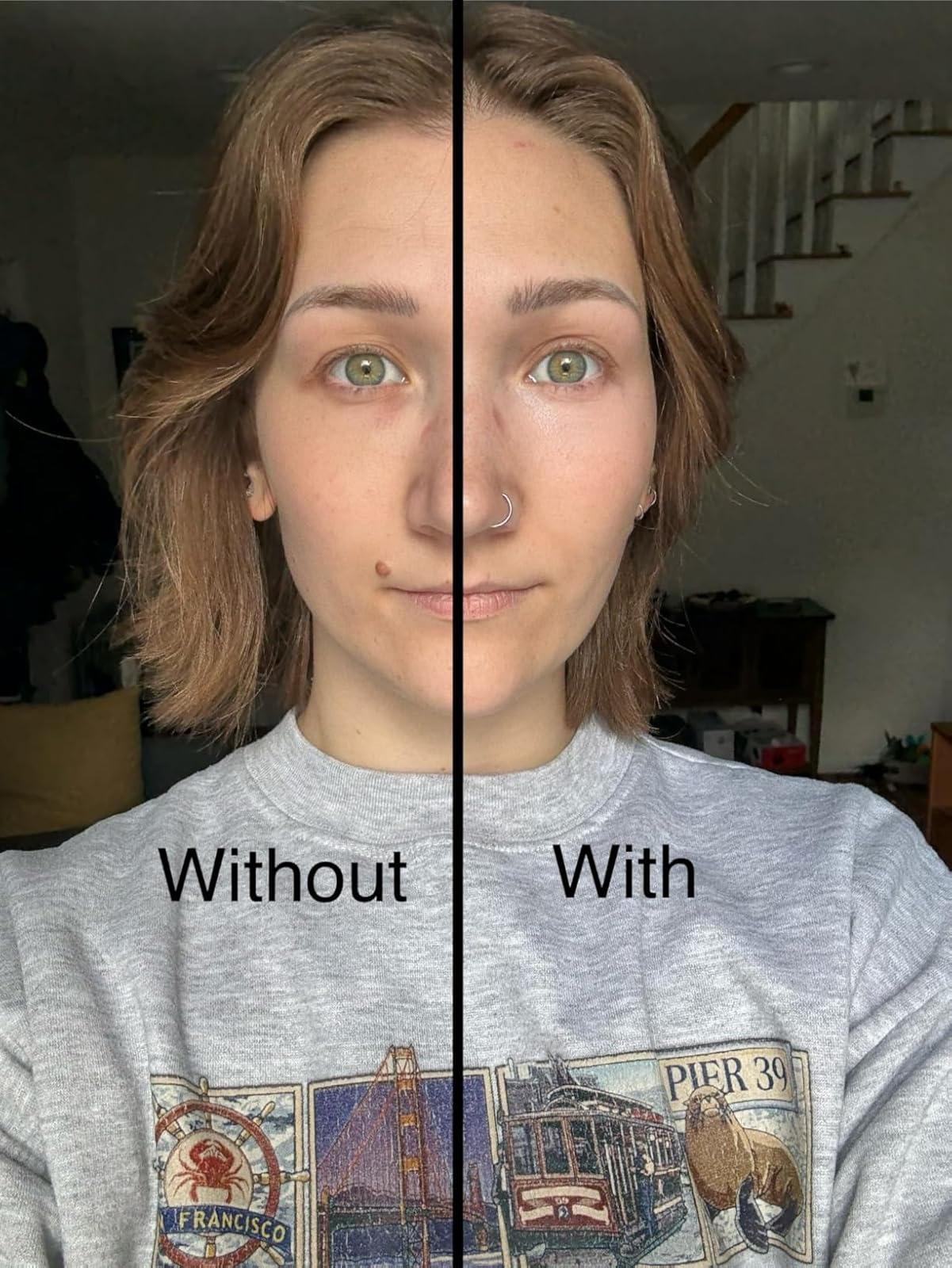 Split representation  of a idiosyncratic   showing a makeup-free look   connected  1  broadside  and a makeup-applied look   connected  the other, wearing a graphic sweatshirt