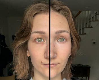 Split representation of a idiosyncratic showing a makeup-free look connected 1 broadside and a makeup-applied look connected the other, wearing a graphic sweatshirt